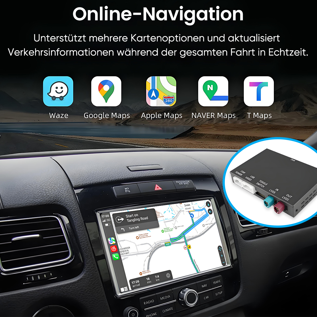 Auto-Armaturenbrett mit Navigationsbildschirm, der eine Karte, Symbole für Karten-Apps und eine schwarze Box mit farbigen Anschlüssen zeigt.