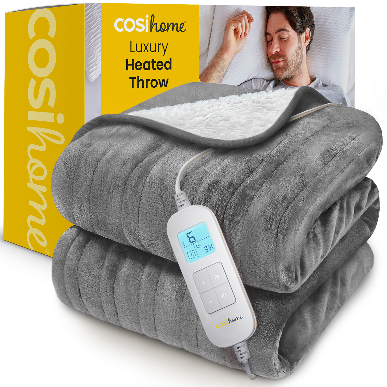Eine graue Heizdecke mit Steuerung, ein schlafender Mann und eine Produktverpackung werden angezeigt.