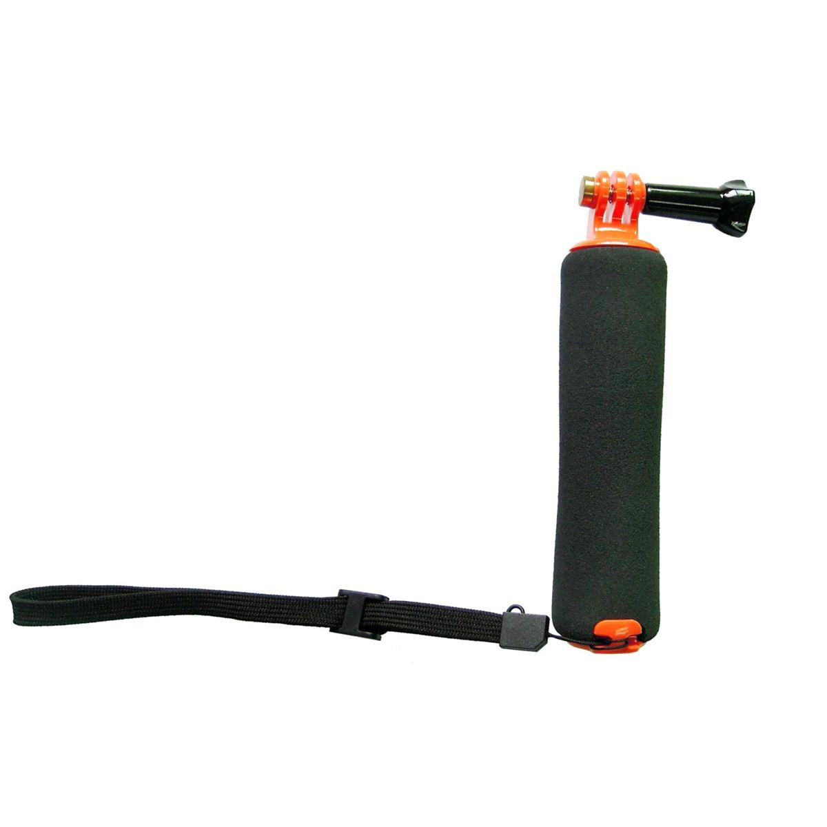 Ein schwarzer und orangefarbener Kameragriff mit Handschlaufe. Der Griff ist schwarz mit strukturierter Oberfläche. Die Halterung ist orange und schwarz.
