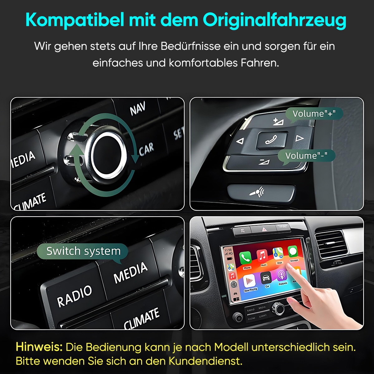 Autoinstrumententafel mit Bedienelementen für Medien, Klima und Navigation, mit Hand, die einen Touchscreen berührt.