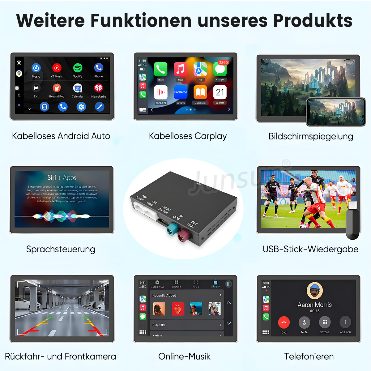 Displays mit Android Auto, CarPlay, Bildschirmspiegelung, Siri, Rückfahrkamera, Online-Musik und Telefonoberfläche.