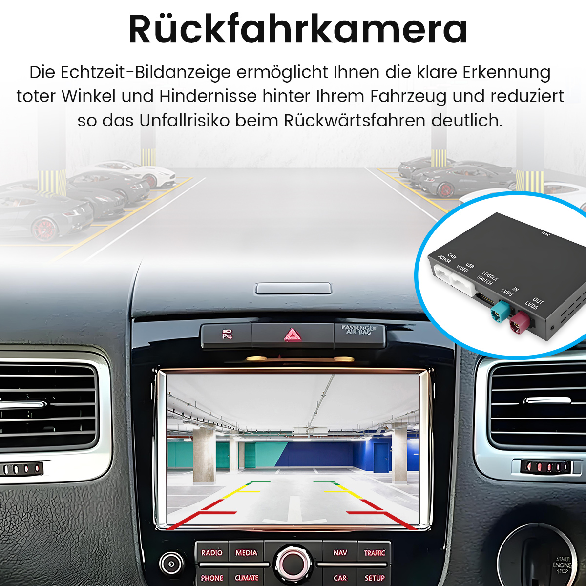 Autokamera-Dashboard-Bildschirm mit Blick auf eine Parkgarage. Text auf Deutsch und eine Ansicht des Geräts.