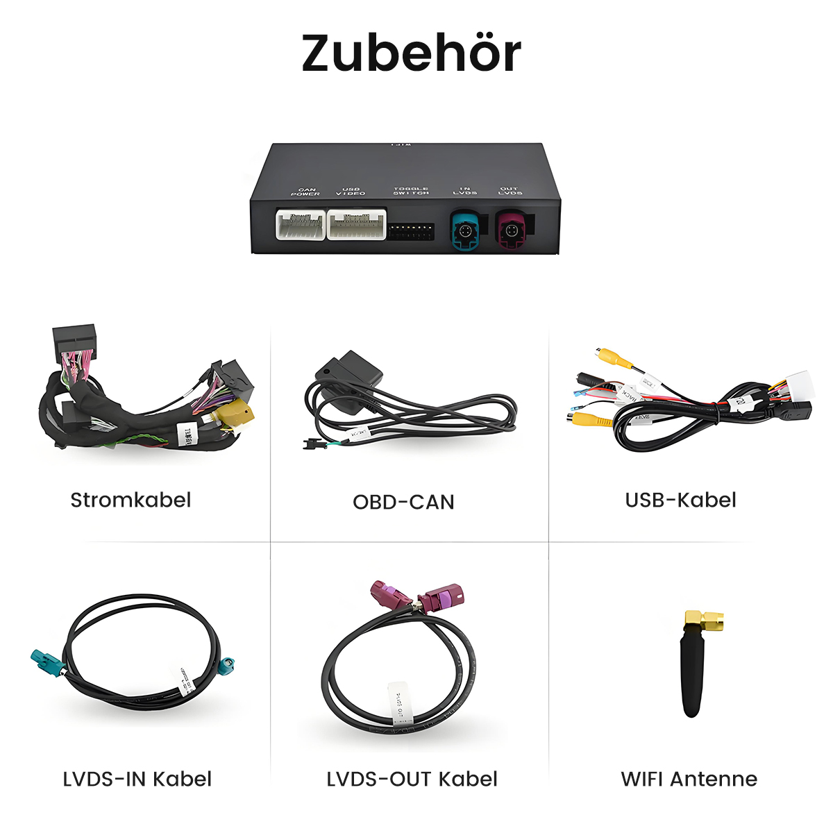 Das Bild zeigt Autozubehör: eine schwarze Box, Kabel und eine Antenne. Zu den Bezeichnungen gehören Stromkabel, OBD-CAN, USB-Kabel, LVDS-IN/OUT Kabel und WIFI Antenne.