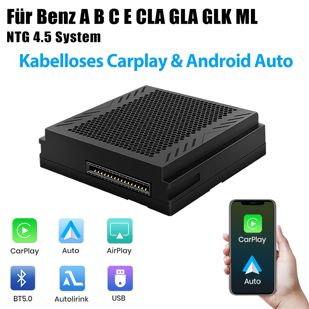 Schwarzes Gerät mit CarPlay & Android Auto Text. Symbole für CarPlay, Auto, AirPlay, BT5.0, Autolink und USB. Telefon mit CarPlay.