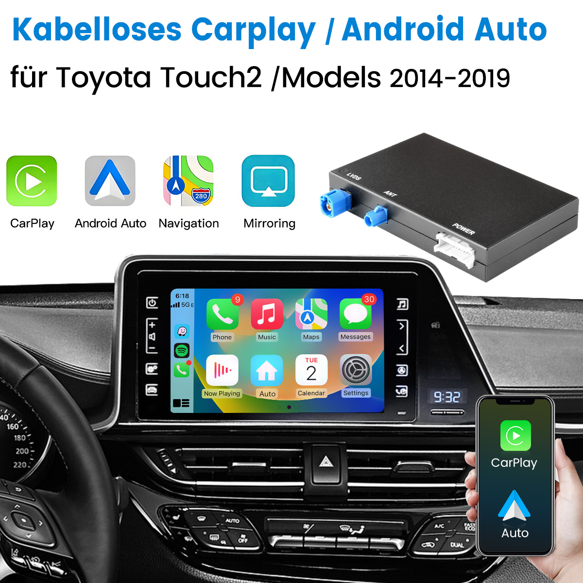 Carplay/Android Auto-System für Toyota Touch2-Modelle. Display zeigt Telefon-Apps. Ein Telefon mit Carplay ist in der Hand. Schwarze Box mit Kabeln.