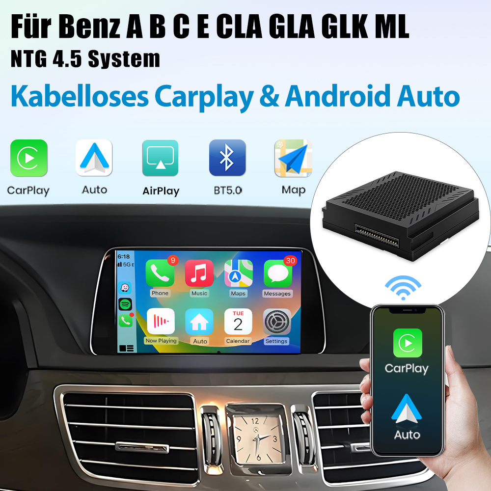Bild zeigt CarPlay- und Android Auto-Integration in einem Auto. Zeigt ein Telefon, Autoschnittstelle und ein Gerät, wobei drahtlose Konnektivität hervorgehoben wird.