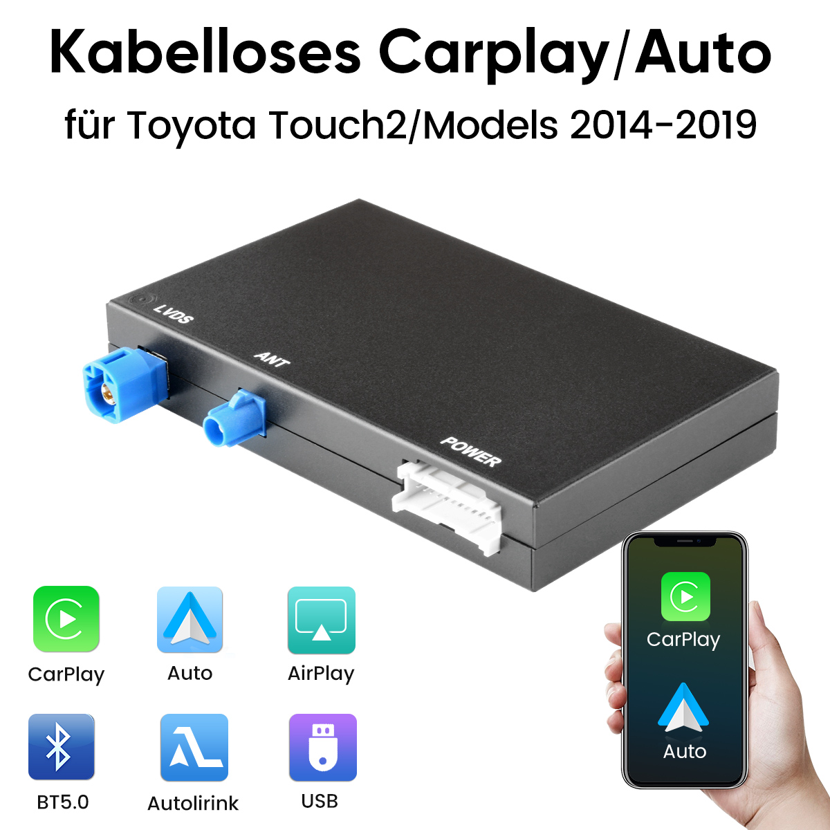 Ein schwarzes CarPlay/Auto-Gerät mit blauen Anschlüssen wird angezeigt. Ein Telefon zeigt CarPlay- und Auto-Symbole. Text: 'Kabelloses CarPlay/Auto'.