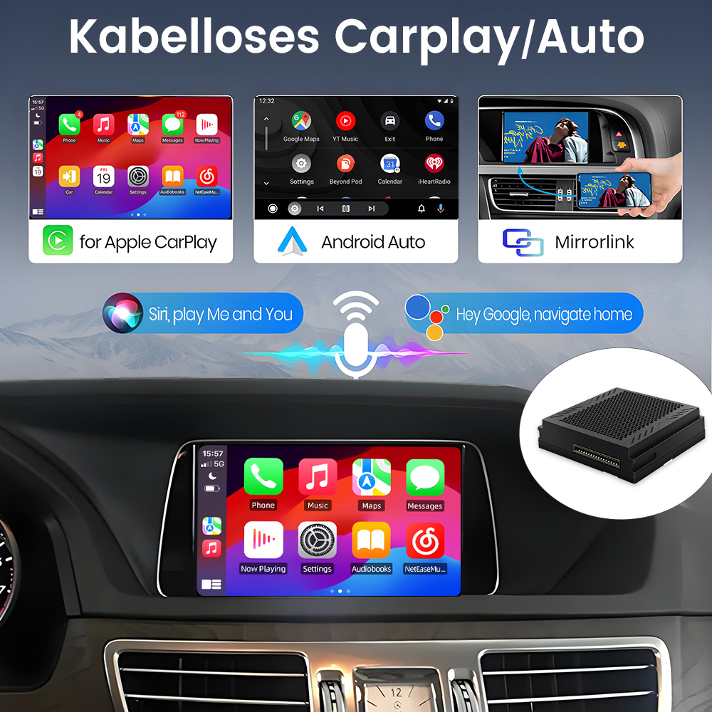 Das Bild zeigt die Autoschnittstelle mit Apple CarPlay, Android Auto und Mirrorlink. Ein Bildschirm zeigt Apps und Einstellungen sowie eine schwarze Box.