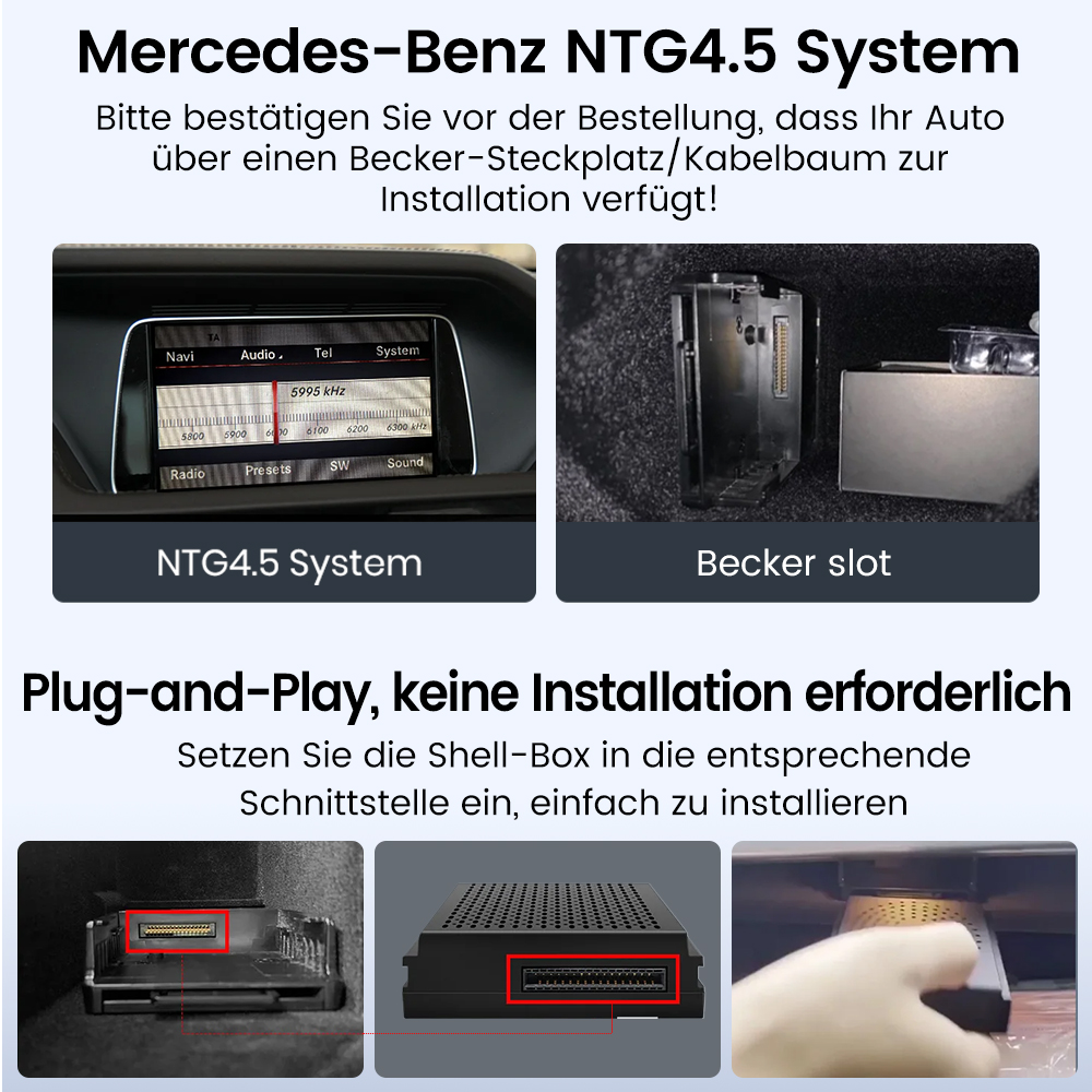 Das Bild zeigt die Installationsschritte des Mercedes-Benz NTG4.5-Systems. Enthält Bilder des Becker-Slots und der Shell-Box mit Anweisungen.
