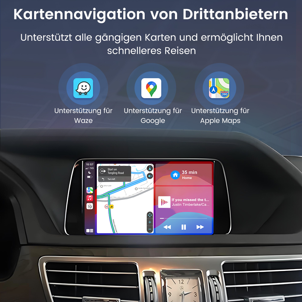Auto-Armaturenbrett mit Karten. Waze, Google Maps und Apple Maps werden unterstützt. Zeigt Navigation und Musiksteuerung.