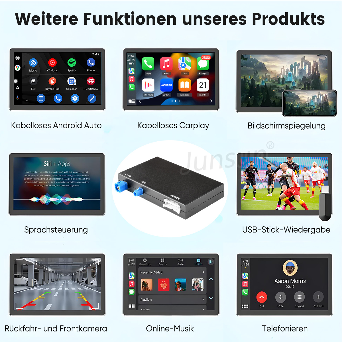 Ein Produktdisplay mit verschiedenen Funktionen: Android Auto, CarPlay, Bildschirmspiegelung, Sprachsteuerung und Musikwiedergabe.