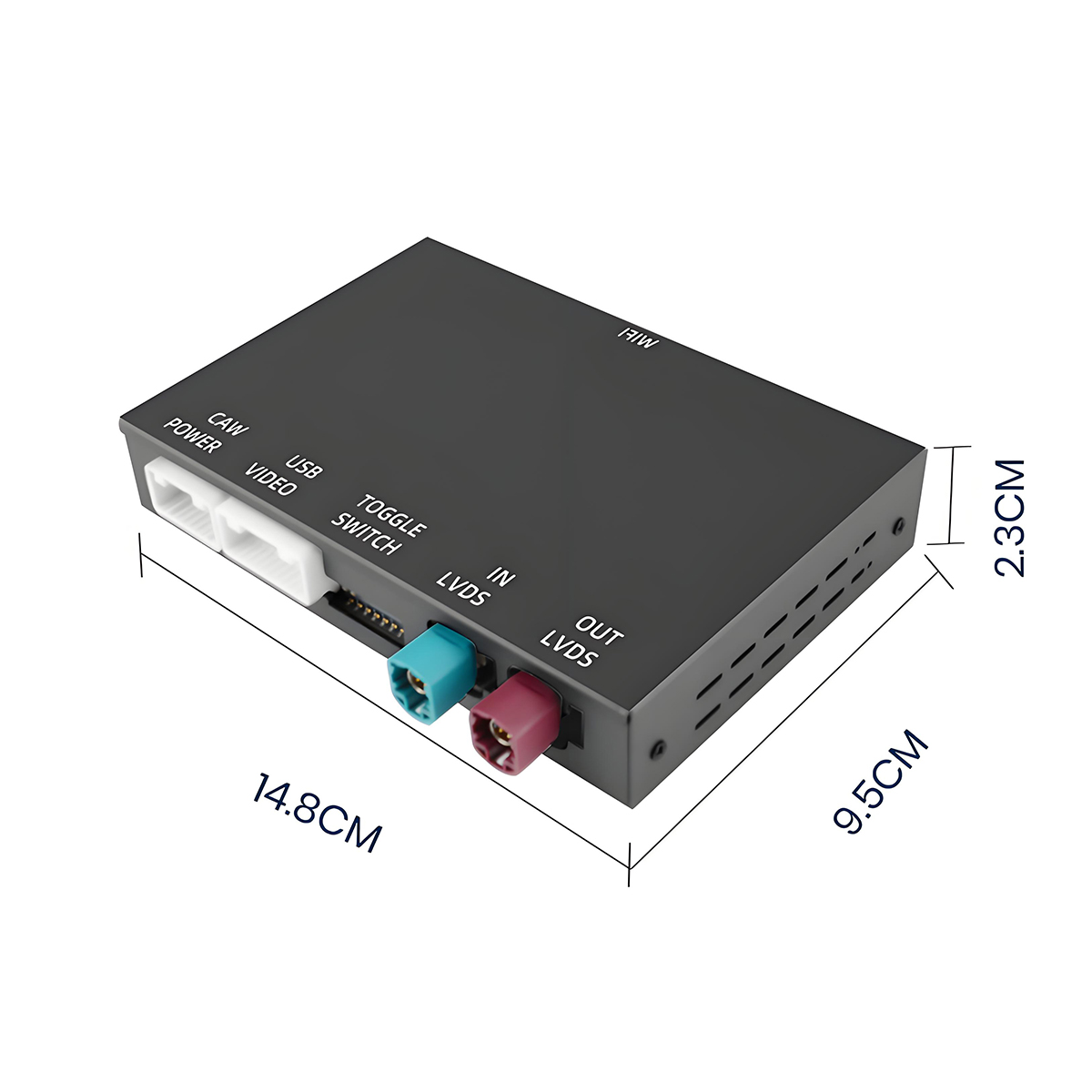 Czarne prostokątne urządzenie z portami USB, LVDS, zasilania i wideo. Wymiary: 14,8 cm x 9,5 cm x 2,3 cm.