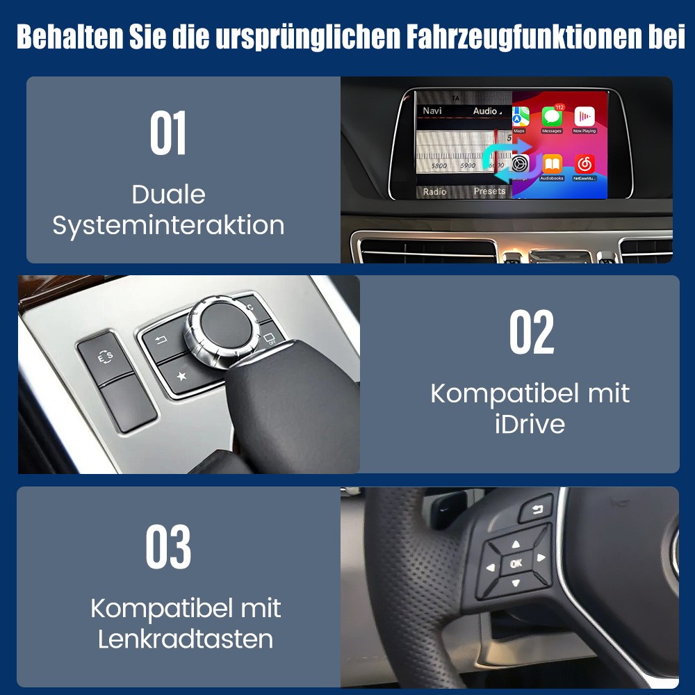 Das Bild zeigt Fahrzeuginnenraumfunktionen, darunter einen Bildschirm mit Apps, einen Steuerdrehknopf und Lenkradbedienelemente, mit deutschem Text.