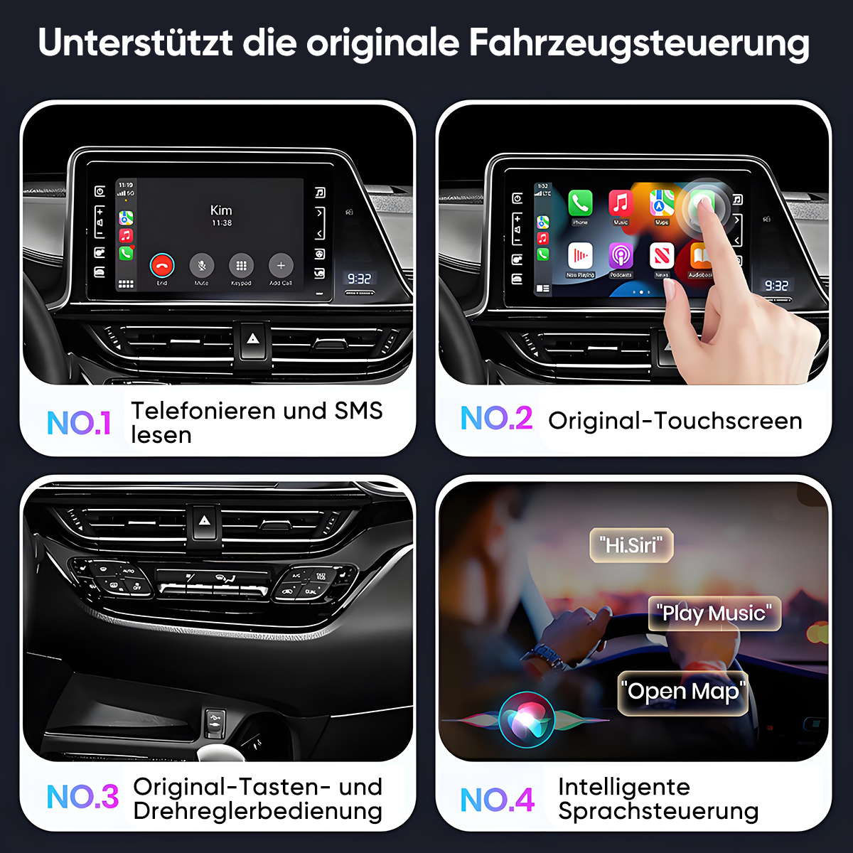 Autointerieur mit Infotainment-Bildschirm, Knöpfen und Sprachsteuerungsoptionen. Das Bild ist in vier Abschnitte unterteilt, die Funktionen zeigen.