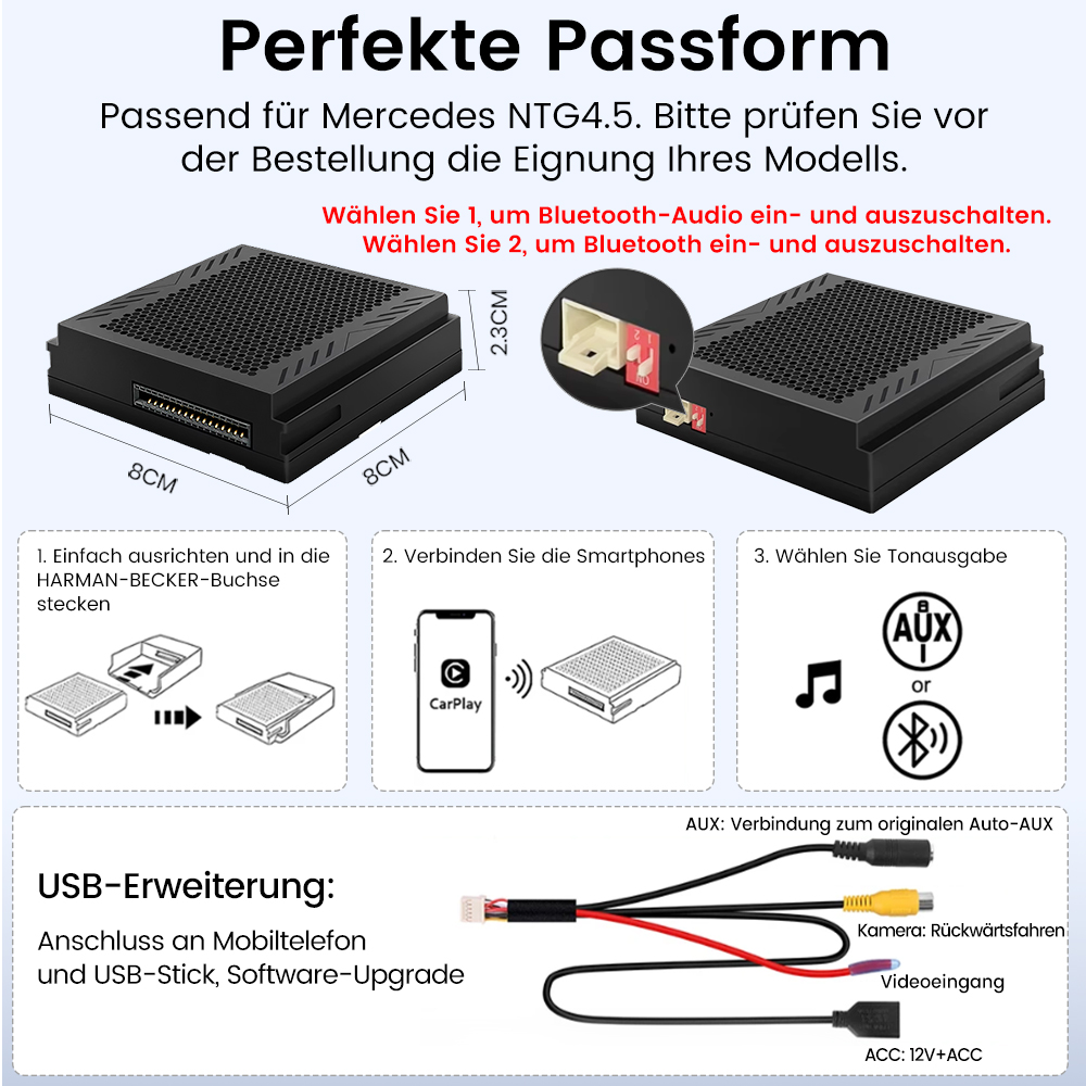 Produktbox mit Anweisungen. Text auf Deutsch. Diagramme zeigen Verbindungen und Funktionen, einschließlich Bluetooth und AUX.