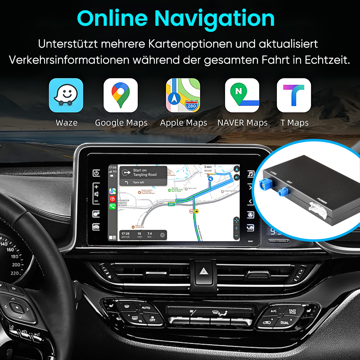 Auto-Armaturenbrett mit GPS-Navigation auf dem Bildschirm, das eine Route anzeigt. Mehrere Karten-App-Symbole. Eine schwarze Box mit Anschlüssen.