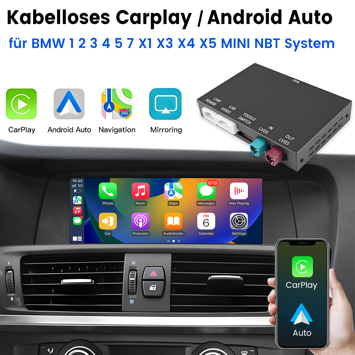 Das Bild zeigt ein Auto-Dashboard mit CarPlay. Ein Telefon zeigt CarPlay an, und ein Gerät ist für Android/CarPlay wireless verbunden.
