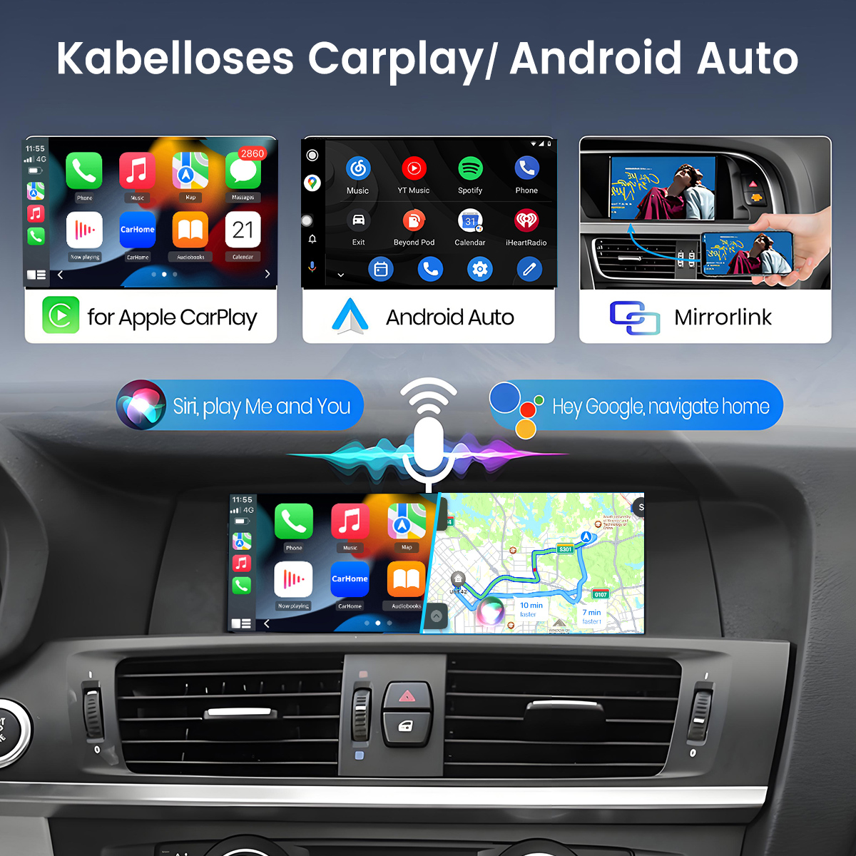 Auto-Display mit Apple CarPlay, Android Auto und Mirrorlink. Navigations- und Musik-Apps sind auf dem Bildschirm sichtbar.