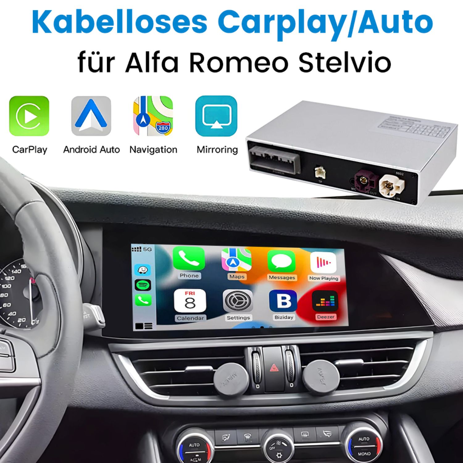 Carplay/Auto-Schnittstelle im Alfa Romeo Stelvio installiert. Der Bildschirm zeigt App-Symbole und eine CarPlay-Oberfläche.