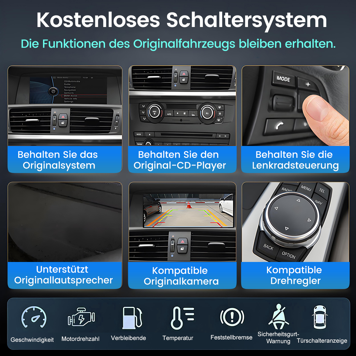 Werbung, die Autofunktionen zeigt, darunter Originalsystem, CD-Player, Lenkradsteuerung und kompatible Kamera.