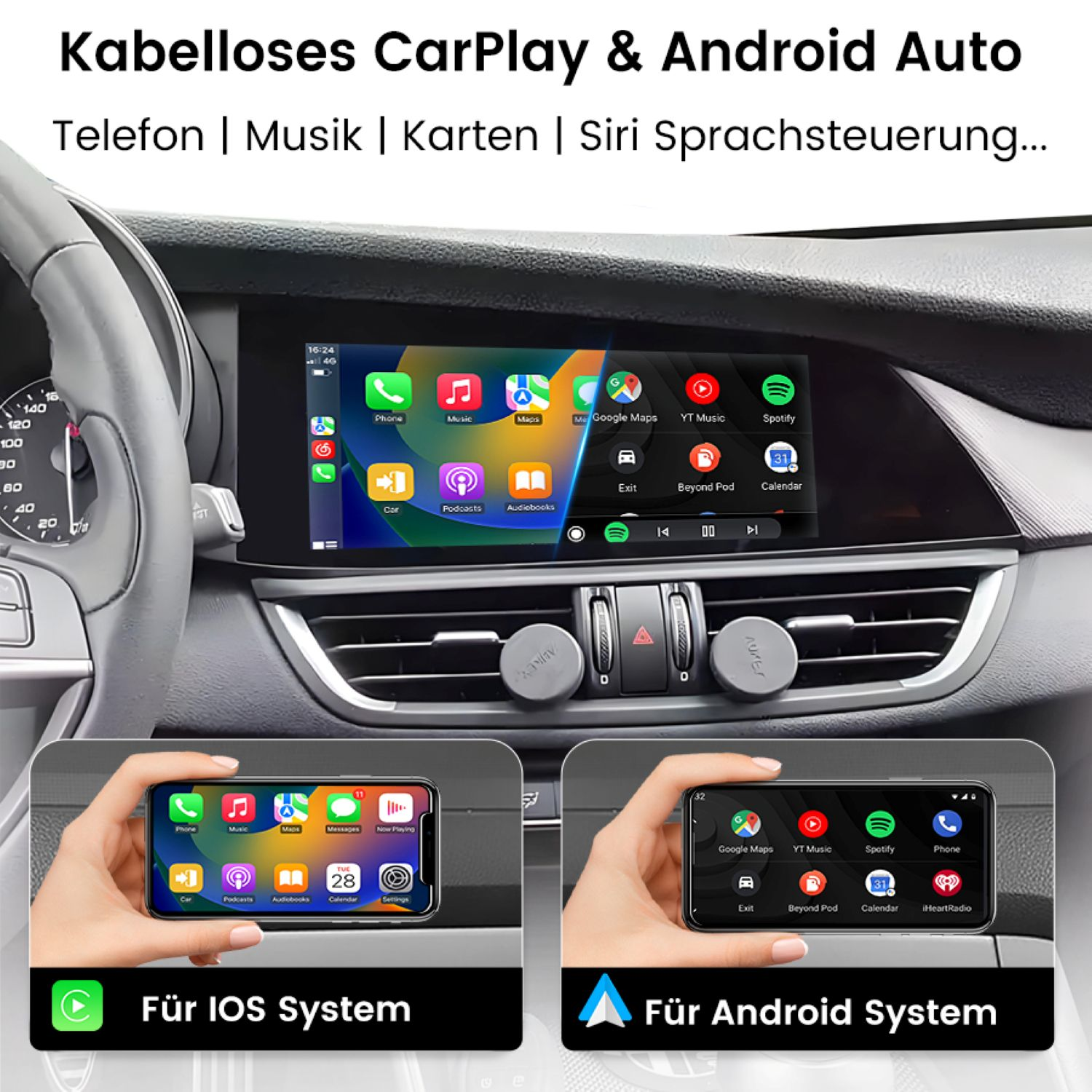 CarPlay- und Android Auto-Oberfläche. Zeigt Autoschnittstelle mit App-Symbolen wie Karten, Musik und Telefon. Zwei Handys zeigen iOS und Android.