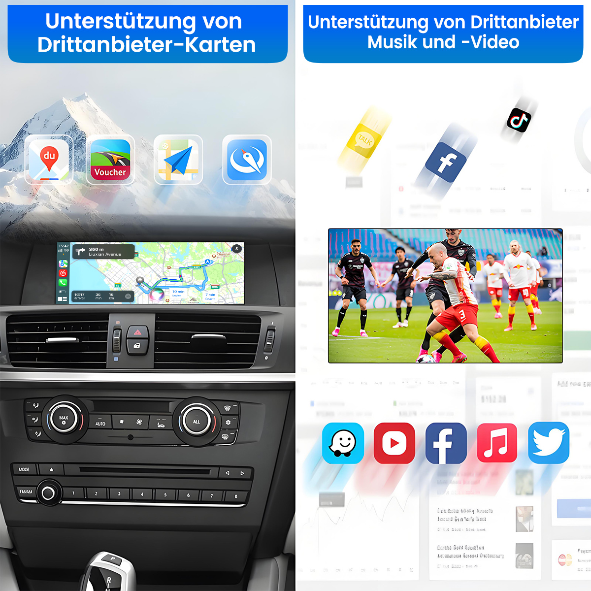 Armaturenbrett mit Navigation, Karten- und Social-Media-Symbolen. Ein Fußballspiel und App-Symbole werden ebenfalls angezeigt.