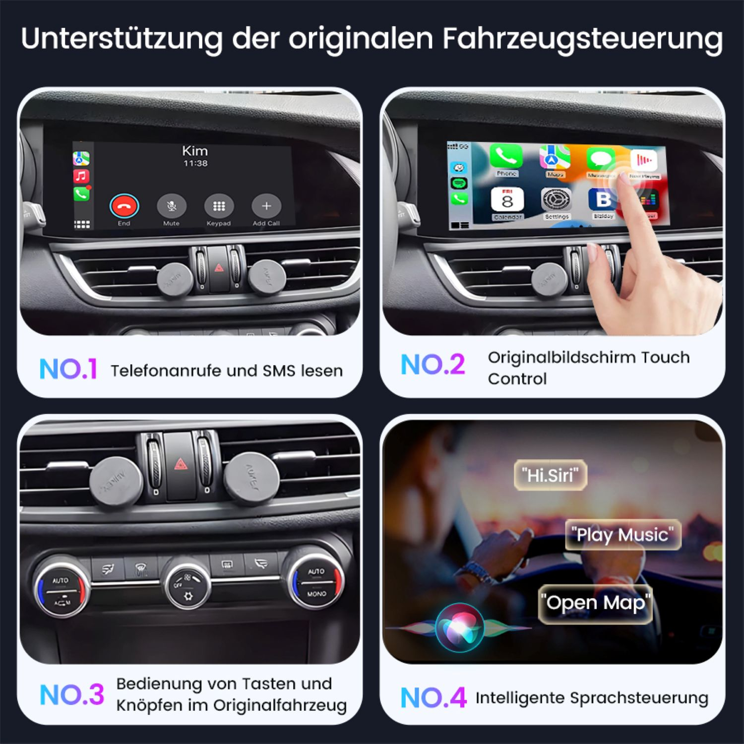 Auto-Infotainment-System mit Telefonanrufen, Touch-Steuerung, Tastenbedienung und Sprachbefehlen.