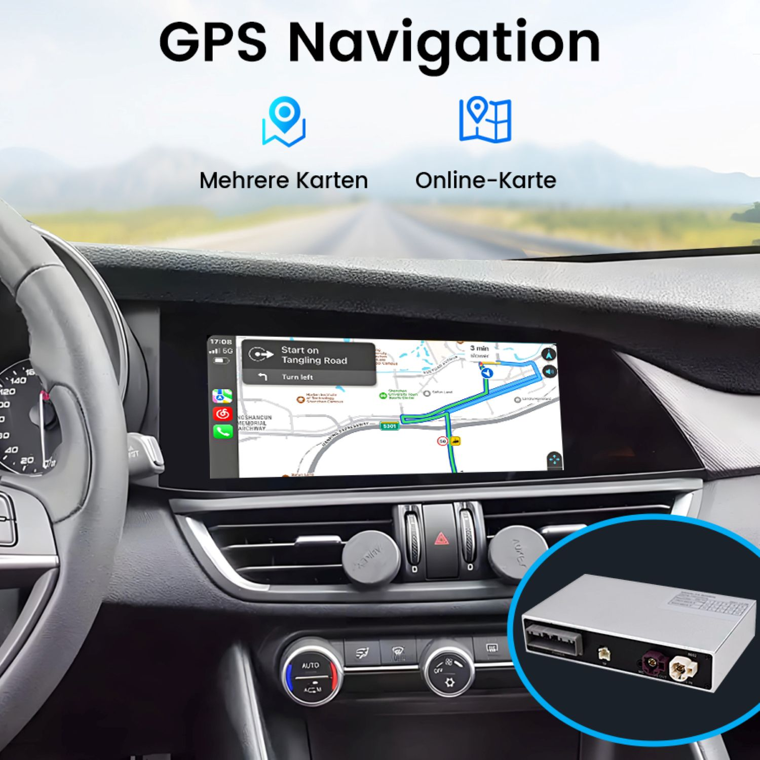 Autoinnenraum mit GPS-Navigationsbildschirm mit Karte, verschiedenen Bedienelementen und einem Gerät in einem blauen Kreis. Der Text lautet GPS-Navigation.