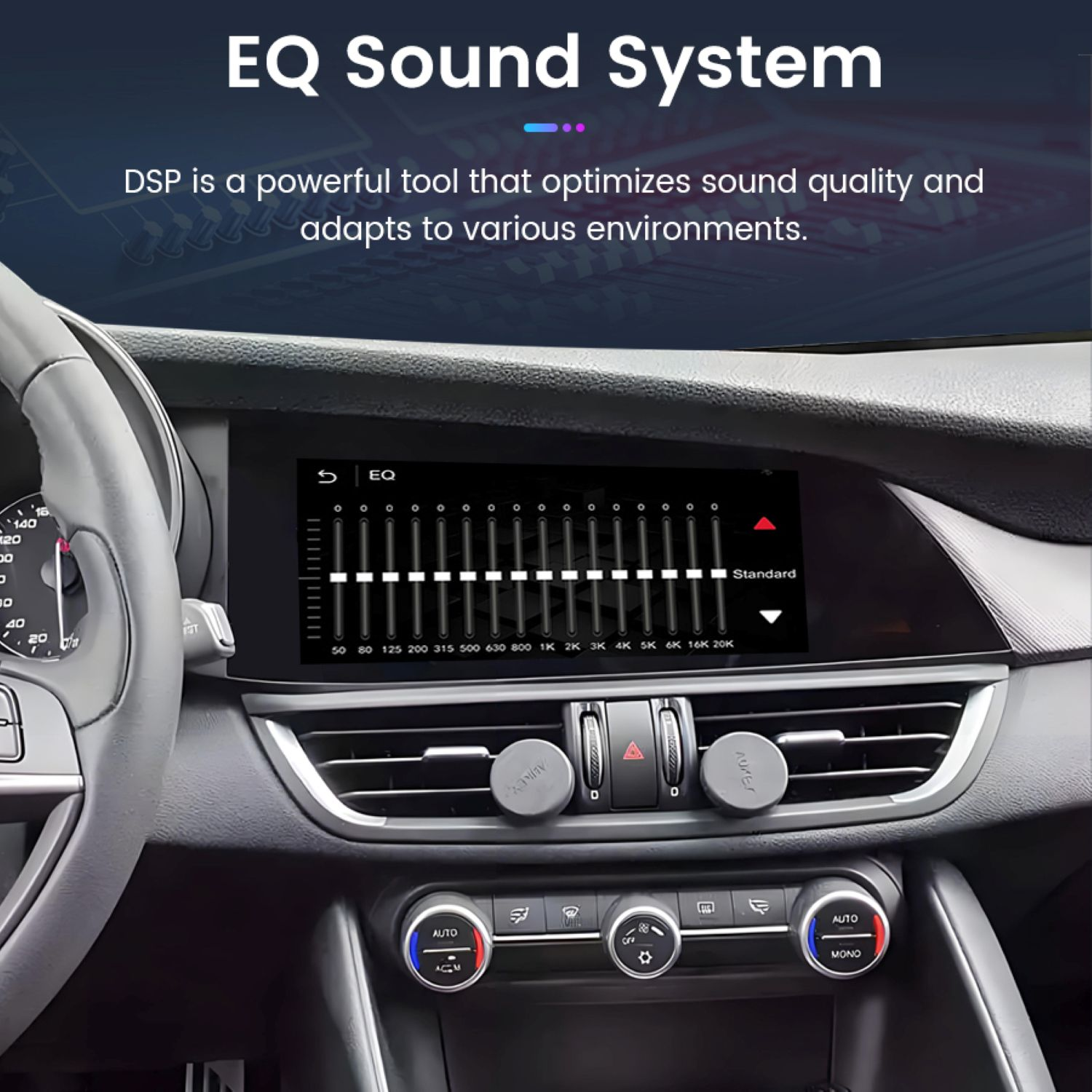 Aut Armaturenbrett mit EQ-Soundsystem-Oberfläche. Knöpfe, Tasten und ein Bildschirm mit Equalizer-Einstellungen sind sichtbar.