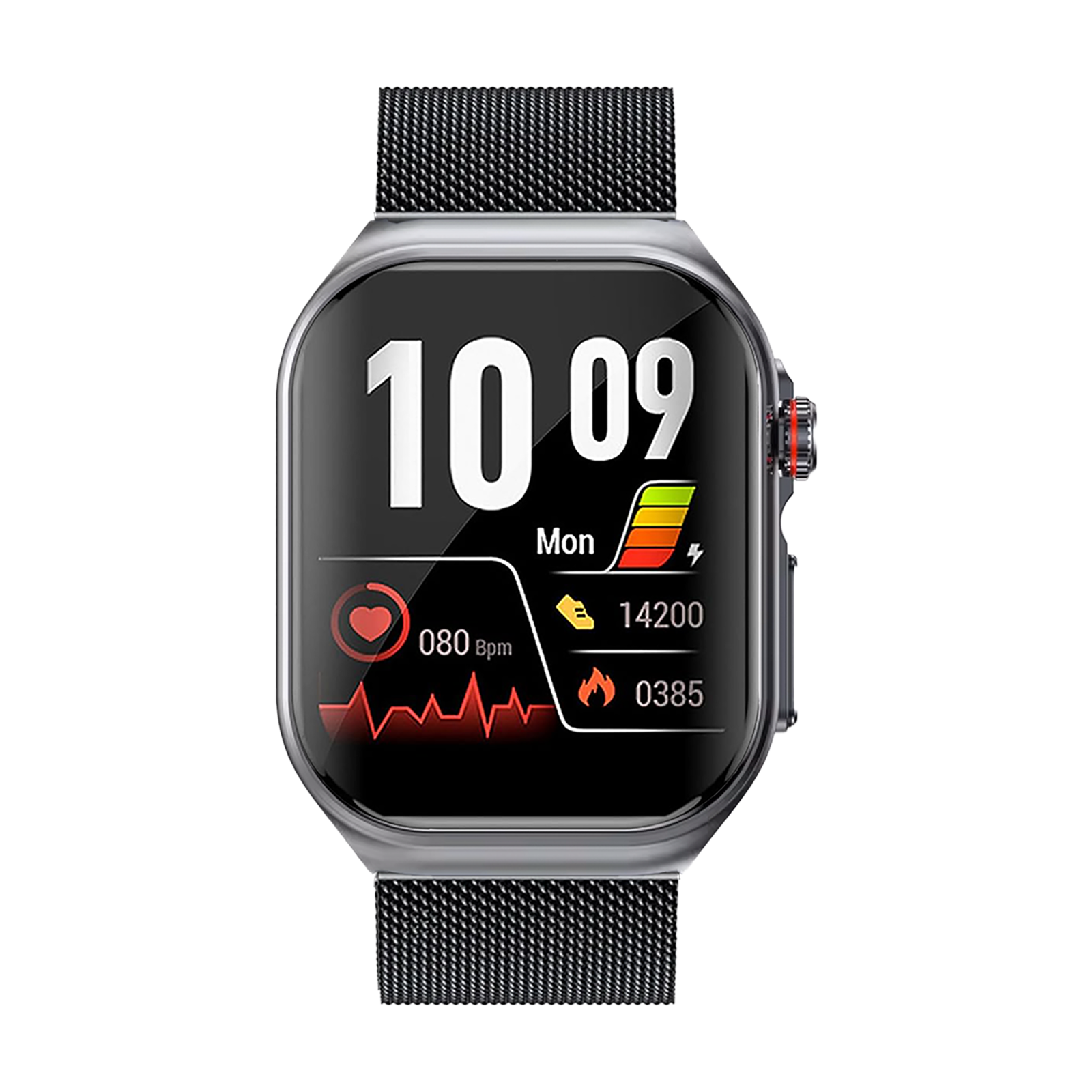 Smartwatch mit schwarzem Bildschirm, der Zeit, Herzfrequenz, Schritte und Akkulaufzeit anzeigt. Die Uhr hat einen silbernen Rahmen und ein schwarzes Armband.