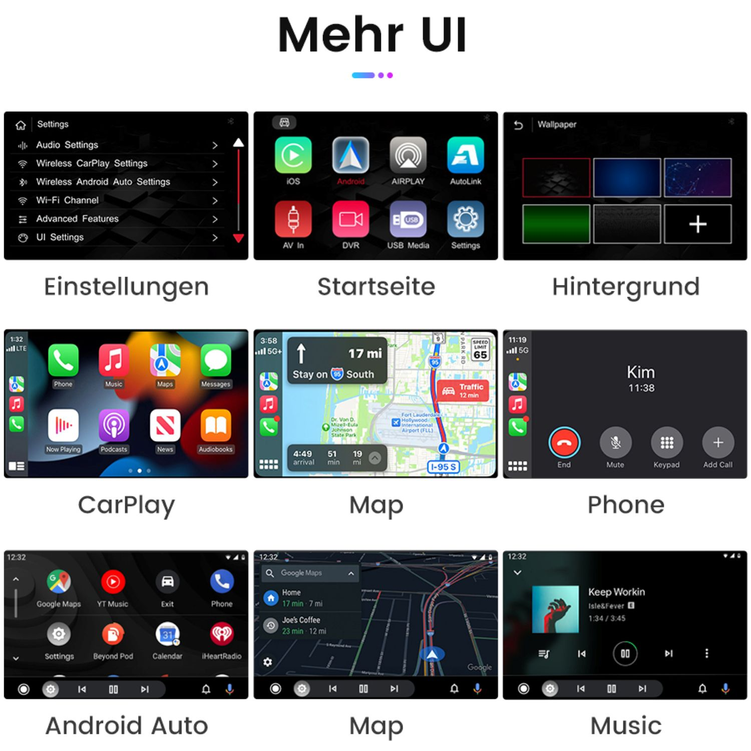 Das Infotainment-System eines Autos mit verschiedenen App-Symbolen und Einstellungsoptionen.