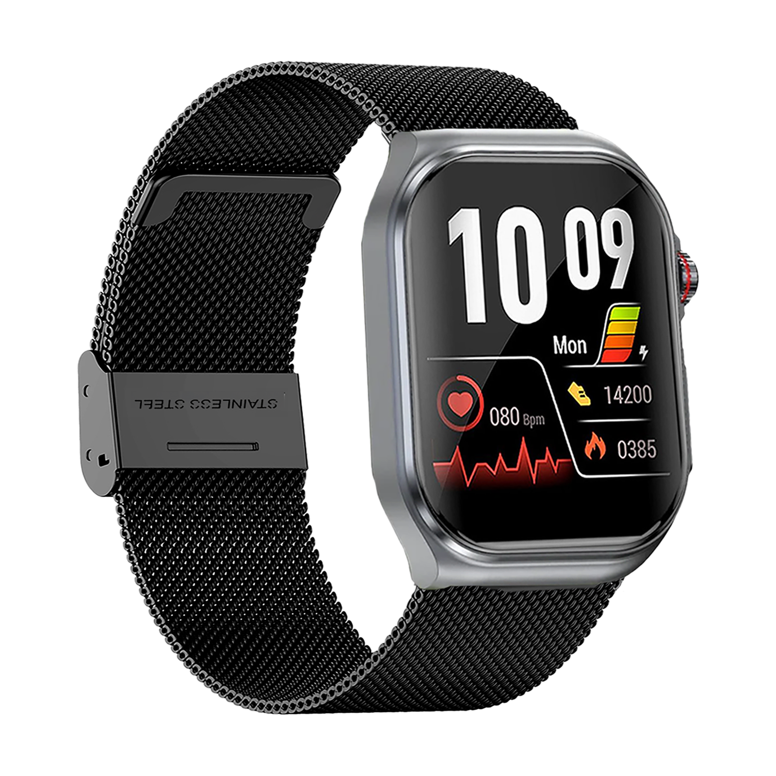Eine schwarze Smartwatch mit Mesh-Armband zeigt Zeit und Gesundheitsdaten an. Der Bildschirm zeigt Herzfrequenz, Schritte und Akku.