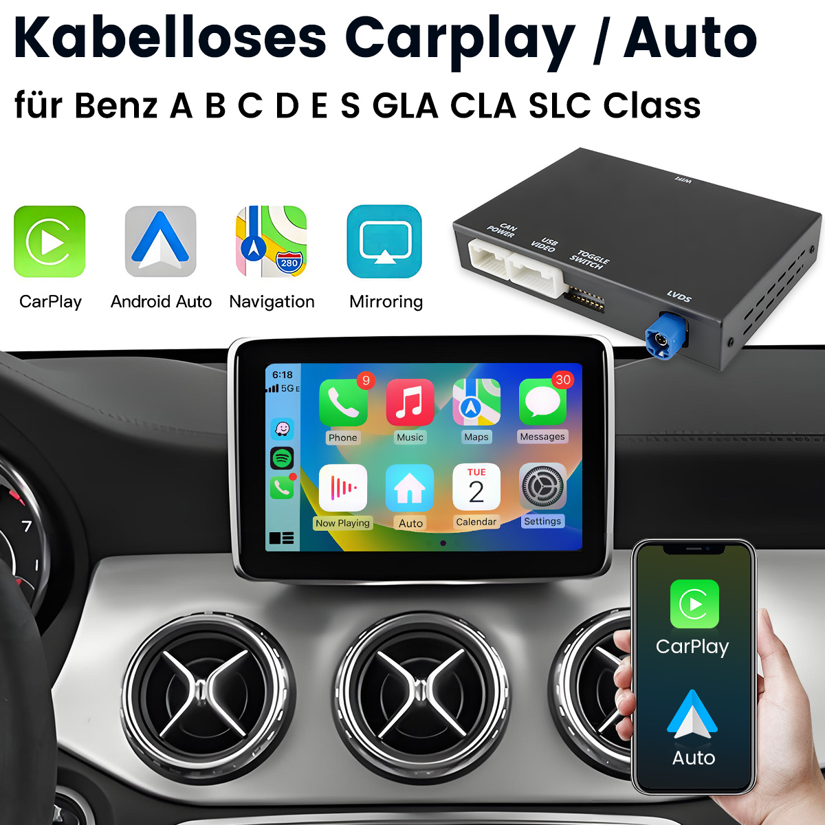 CarPlay-Schnittstelle in einem Mercedes-Auto. Zeigt einen Telefonbildschirm, einen Autobildschirm und Symbole für CarPlay, Android Auto und Navigation.