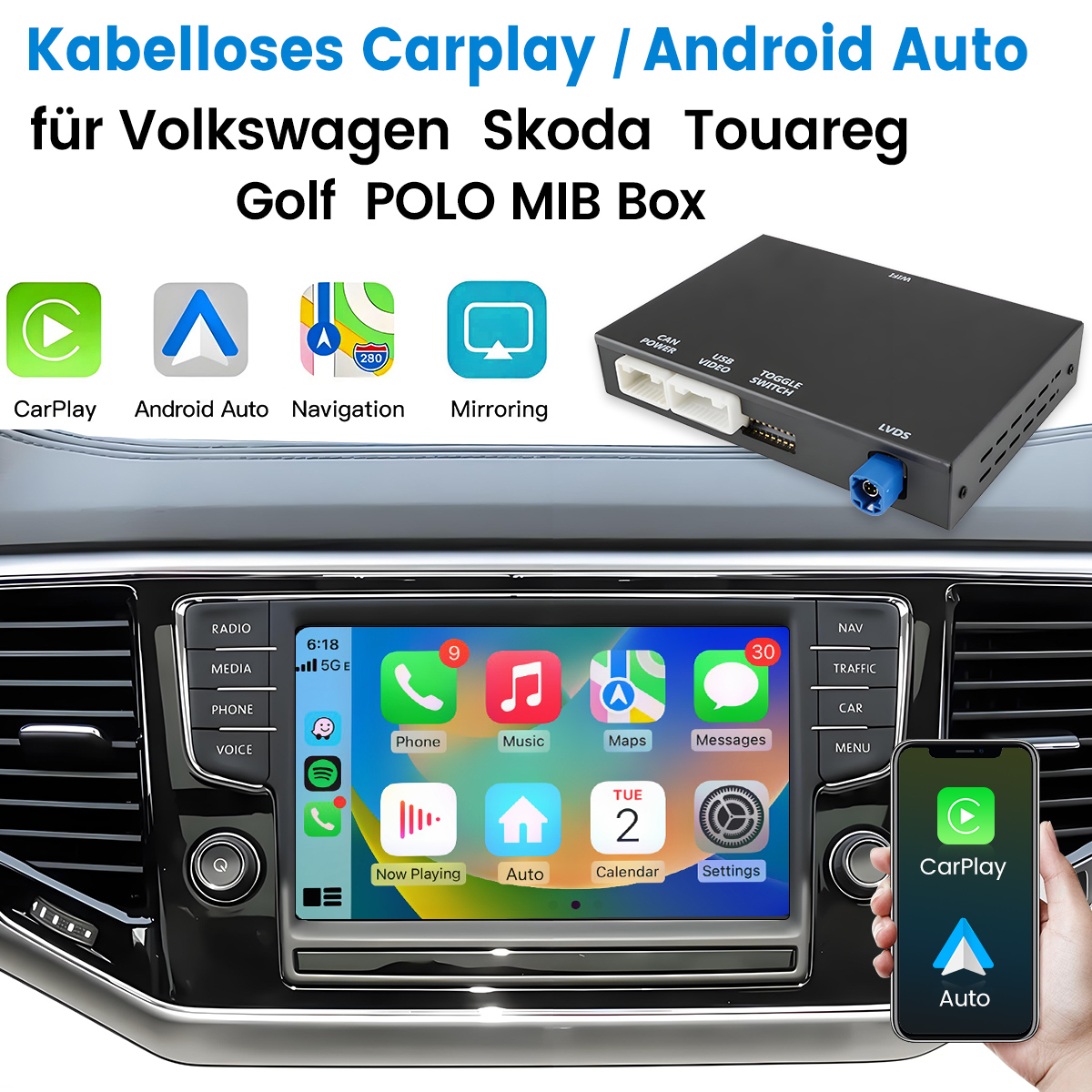 Carplay- und Android Auto-Schnittstelle für VW, Skoda u.a. Zeigt ein Auto-Display mit Telefon-Apps und ein Telefon mit CarPlay.