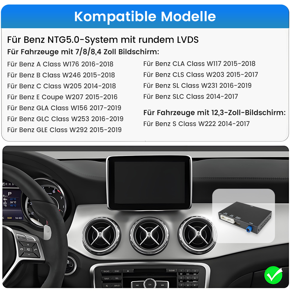 Auto-Innenraum mit Bildschirm, Lüftungsschlitzen und Gerät. Text listet kompatible Modelle.