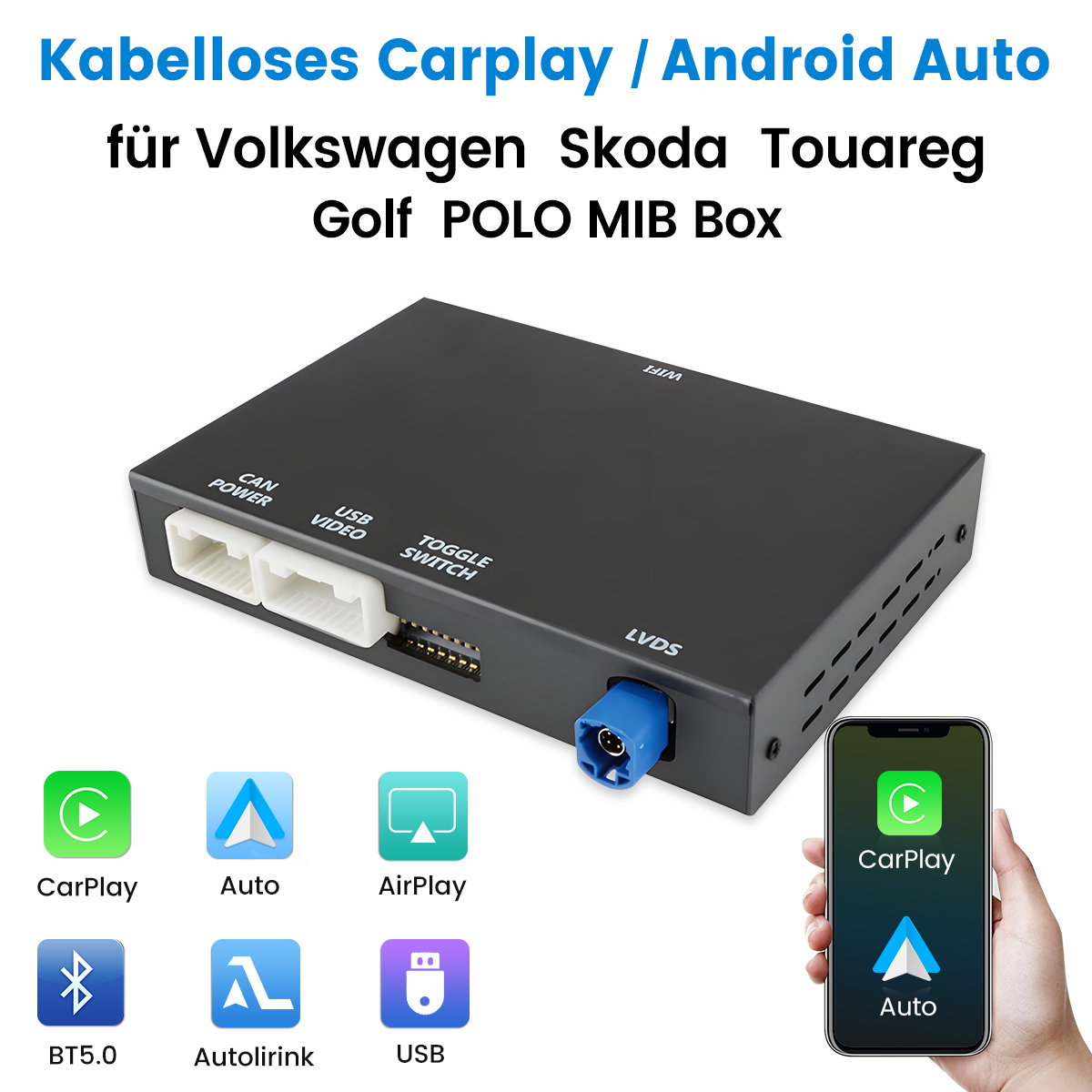 Schwarze CarPlay/Android Auto Box. Icons für CarPlay, Auto, AirPlay, BT5.0, Autolirink, USB. Ein Telefon zeigt CarPlay und Auto.