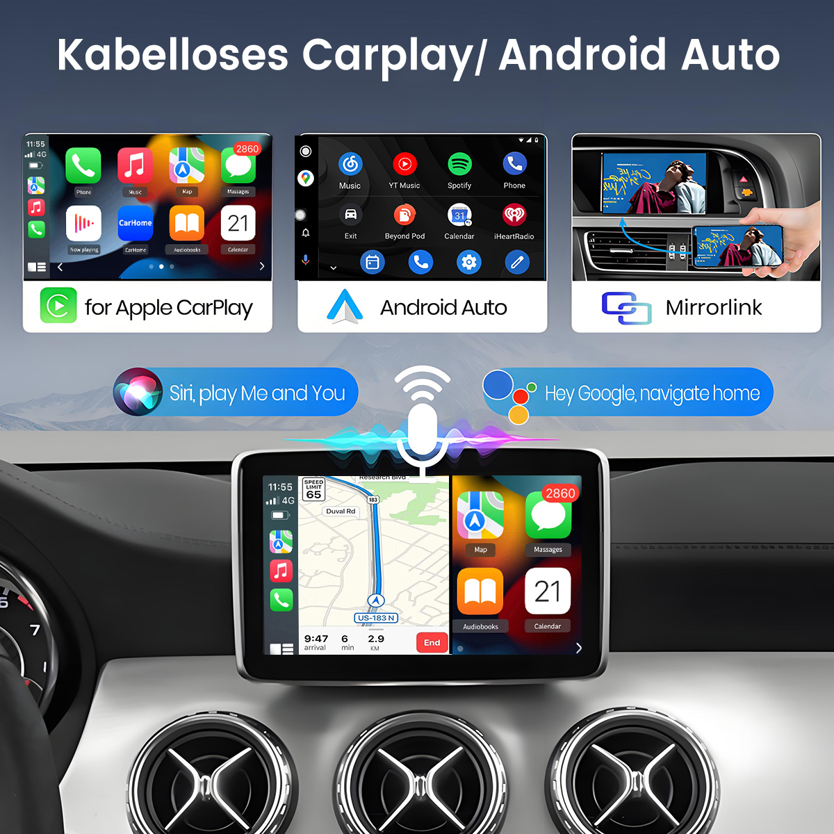 Auto-Display mit Apple CarPlay, Android Auto und Mirrorlink-Optionen. Enthält Karten-, Musik- und App-Symbole.