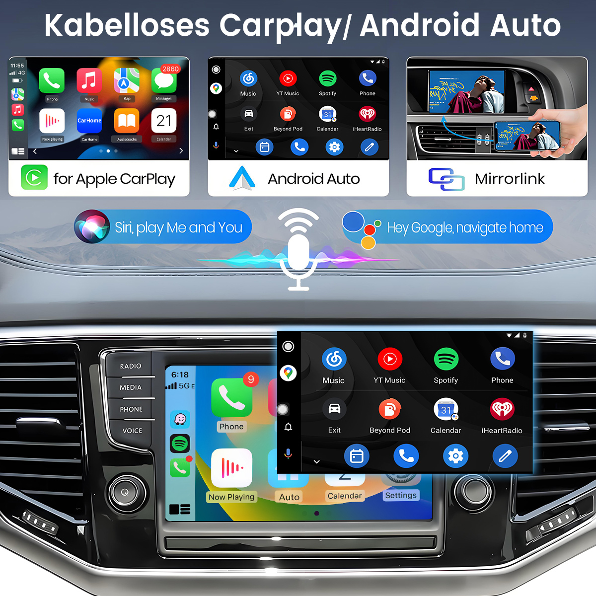 Das Bild zeigt das Armaturenbrett eines Autos mit Apple CarPlay-, Android Auto- und Mirrorlink-Oberflächen auf dem Bildschirm.