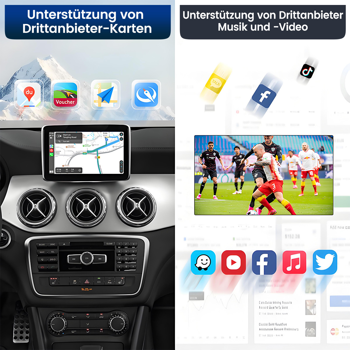 Das Bild zeigt ein Auto-Armaturenbrett mit Navigation, Social-Media-Symbolen und einem Fußballspiel. Deutsche Texte weisen auf Unterstützung hin.