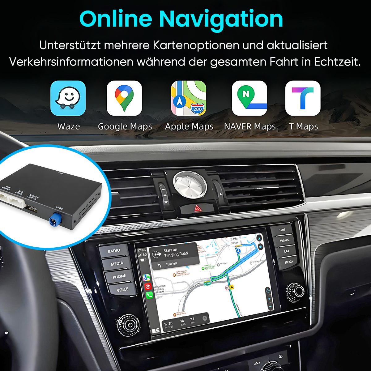 Auto-Dashboard-Bildschirm mit Navigationskarte. Symbole für Waze, Google Maps, Apple Maps und mehr sind vorhanden.