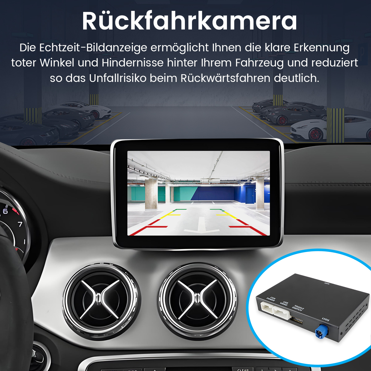 Autointerieur mit Display, das die Parkansicht zeigt. Enthält Autolüfter und eine kleine schwarze Box mit Anschlüssen.