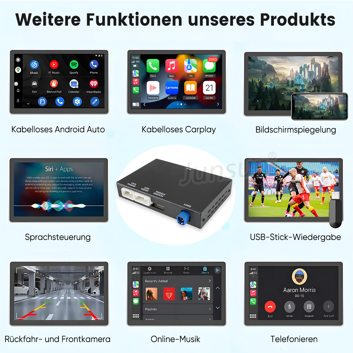 Anzeigen mit Android Auto, CarPlay, Bildschirmspiegelung, Sprachsteuerung, Front-/Rückfahrkamera, Online-Musik und Telefonanrufen.