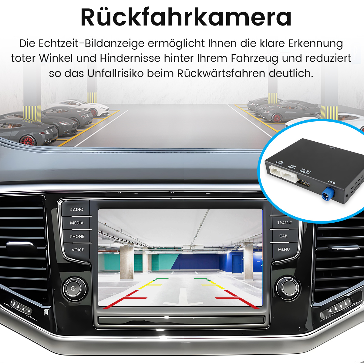 Auto-Armaturenbrett mit Parkansicht auf dem Bildschirm. Das Bild zeigt geparkte Autos und ein Gerät mit Anschlüssen.