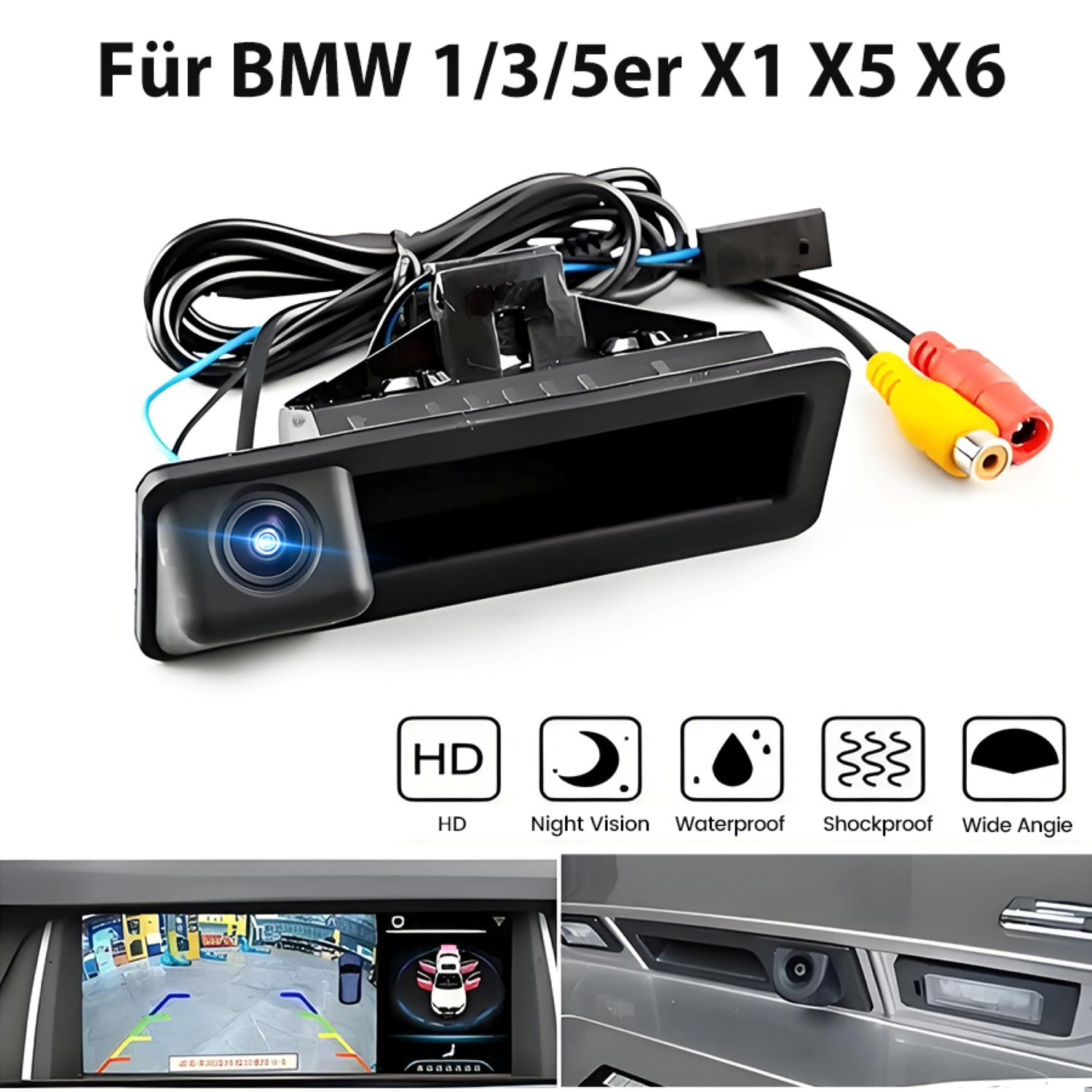 Rückfahrkamera für BMW. Das Produkt verfügt über HD, Nachtsicht, Wasserdichtigkeit, Stoßfestigkeit und Weitwinkel. Enthält Kabel und Anschlüsse.