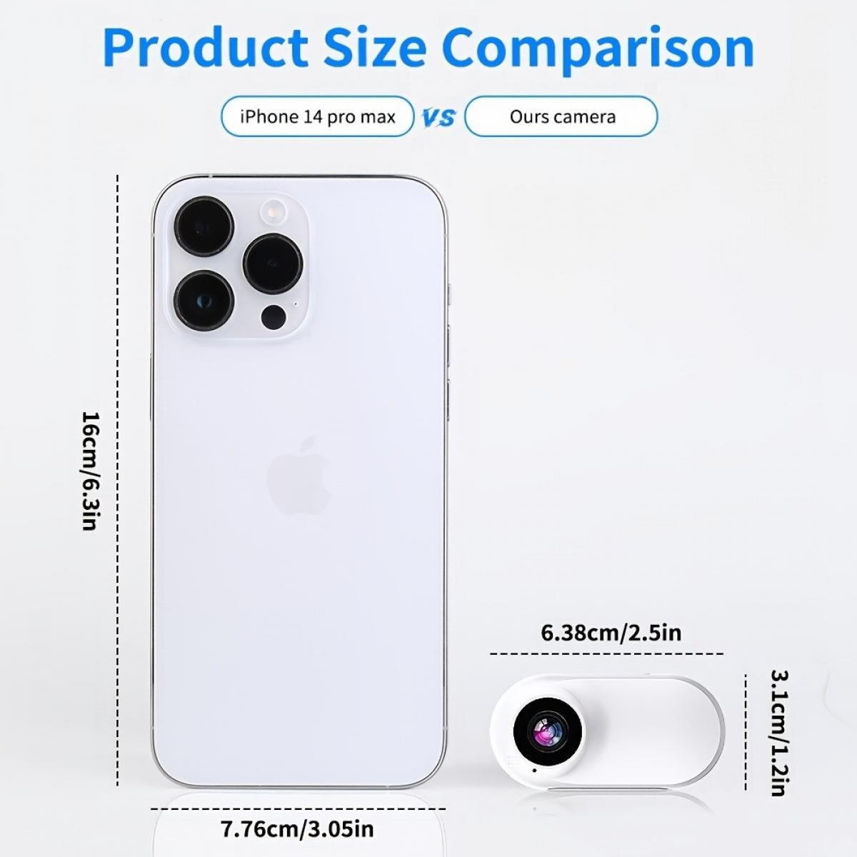 Größenvergleich: iPhone 14 Pro Max vs. Kamera. Messungen zeigen Abmessungen. iPhone ist größer. Kamera ist kleiner und rechteckig.