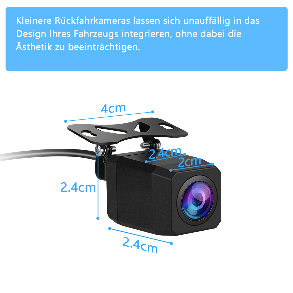Eine schwarze Auto-Rückfahrkamera mit angegebenen Maßen. Der Text oben besagt, dass sich Kameras in das Autodesign integrieren lassen.