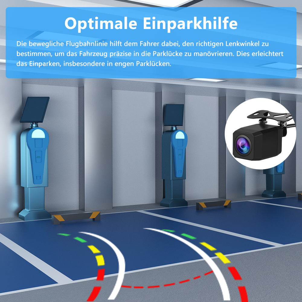 Grafik zur Parkhilfe. Zeigt Parksensoren, eine Kamera und gekrümmte Linien auf einem blauen Parkplatz mit Text zum System.