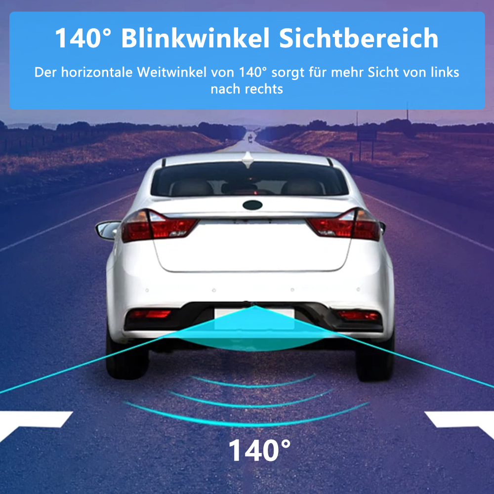 Weißes Auto auf der Straße, mit blauem Sichtfeld. Oben steht '140° Blinkwinkel Sichtbereich'.