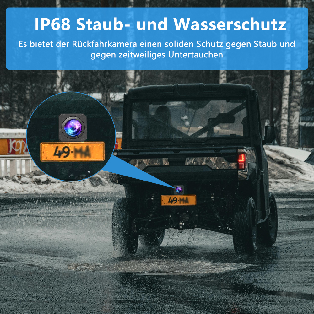 Ein schwarzes UTV mit Kamera. Das Kennzeichen lautet 49-MA. Text oben sagt IP68 Staub- und Wasserschutz.