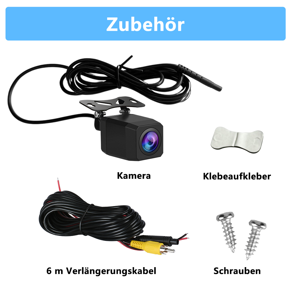 Das Bild zeigt Autokamera-Zubehör: Kamera, Kabel, Klebstoff, Schrauben. Artikel sind auf Deutsch beschriftet. Schwarze Kamera, Kabel und silberne Schrauben.